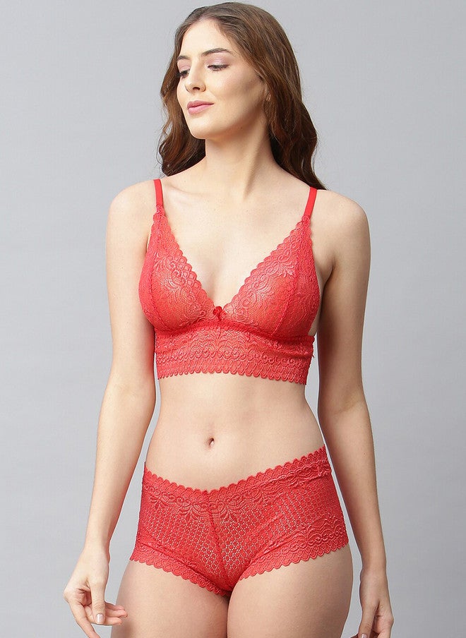 CUKOO Women Red Self-Design Lace Lingerie Set BP21-024-Red - Image 3